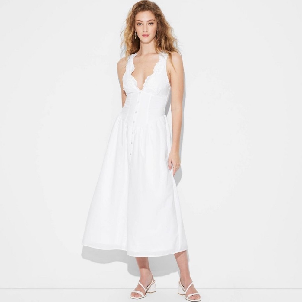 wild fable White Lace-Trim Midi Chemise Dress